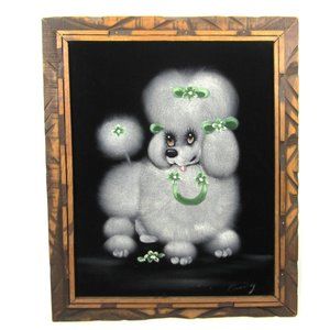 Toy Poodle Black Velvet Oil Painting Wood Frame VTG Mid Century Big Eyes Signed